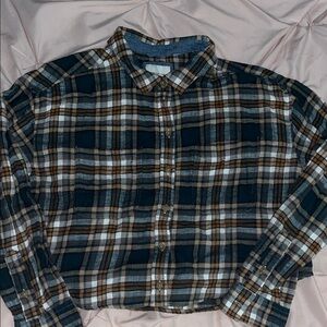 American Eagle Outfitters Cropped Flannel Shirt - Green, Brown, White